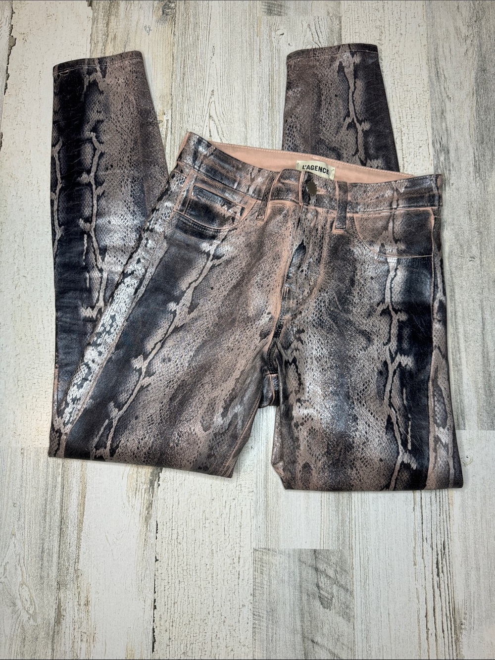 L’AGENCE Margot High Rise Skinny Snake Unique Foil Metallic Zip Pants 25 USA